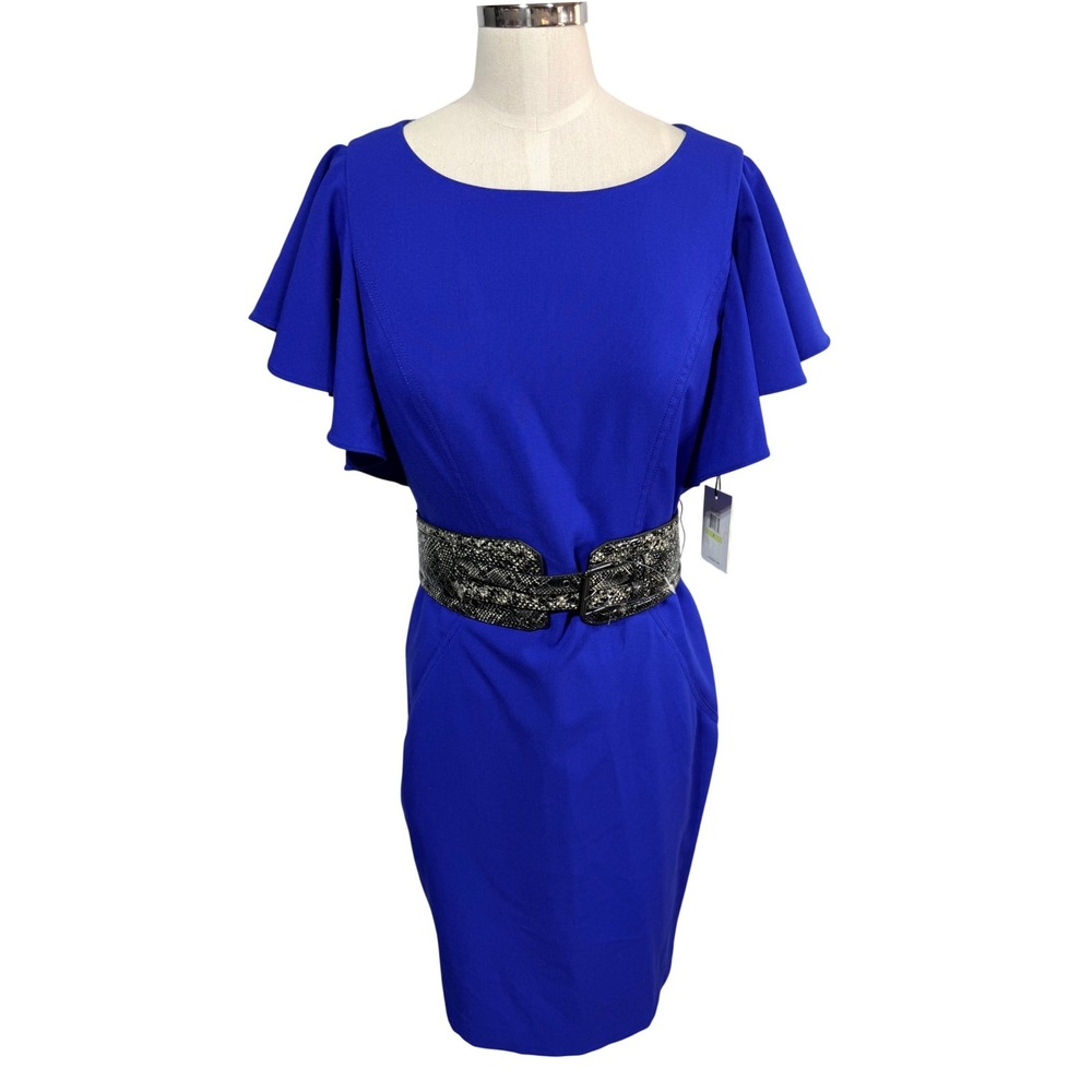 Calvin Klein Dress Flutter Sleeve Belted Pockets Size 4 Atlantis Blue Career New